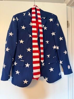 OppoSuits Blue Star Blazer with Red & White Striped Tie
